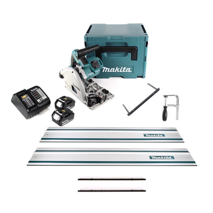 Sega a tuffo a batteria Makita DSP 600 STJ 36V (2x 18V) brushless + 2x guida + rip fence + morsetti per viti + connettore guida + 2x batteria ricaricabile 5.0Ah + caricabatterie + Makpac