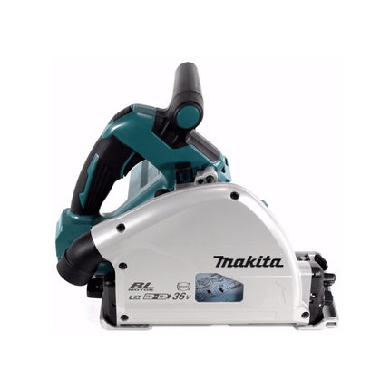 Sega a tuffo a batteria Makita DSP 600 STJ 36V (2x 18V) brushless + 2x guida + rip fence + morsetti per viti + connettore guida + 2x batteria ricaricabile 5.0Ah + caricabatterie + Makpac