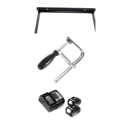 Sega a tuffo a batteria Makita DSP 600 STJ 36V (2x 18V) brushless + 2x guida + rip fence + morsetti per viti + connettore guida + 2x batteria ricaricabile 5.0Ah + caricabatterie + Makpac