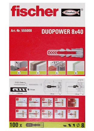 Taco de expansión Fischer DUOPOWER 8x40mm 100 piezas (555008)