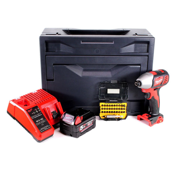 Milwaukee M18 BID-501M Akku Schlagschrauber 18V 180Nm 1/4“ + 1x Akku 5,0Ah + Ladegerät + 32tlg. Bit Set + M-Box