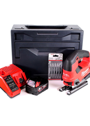 Scie sauteuse à batterie Milwaukee M18 FJS-501M 18V brushless + 1x batterie 5,0Ah + chargeur + 5x lame de scie sauteuse + M-Box