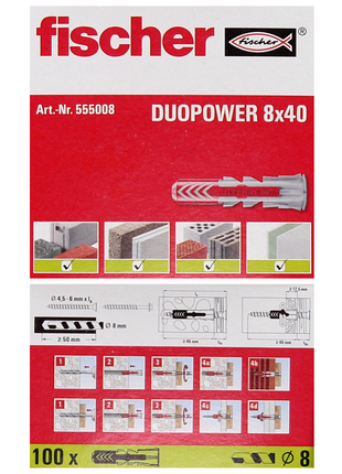 Cheville à expansion Fischer DUOPOWER 8x40mm 1000 pièces (10x 555008)