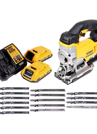 Sierra de calar a batería DeWalt DCS 331 D2 18V + 2x baterías 2.0Ah + cargador + 15x hoja de sierra de calar