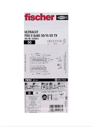 Vis à béton Fischer ULTRACUT FBS II 8x80mm 30/15 100 pièces tête hexagonale SW13 rondelle TX40 galvanisée (536853) + foret à béton en acier SDS-Plus 10x215 (B-58213).