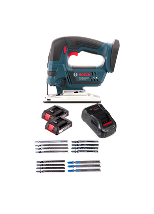 Bosch GST 18 V-LI S Akku Stichsäge 18V + Stichsägeblatt Set 15tlg. + 2 x Akku 2,0Ah + L-Boxx + Ladegerät