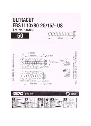 Fischer ULTRACUT FBS II Betonschrauben 10x80mm 25/15/- 100 Stk. Sechskantkopf SW15 ( 2x 536860 ) + Makita NEMESIS 2 SDS-Plus 10x215mm ( B-58213 )