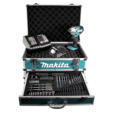 Makita DTD 156 SM1X4 Akku Schlagschrauber 18V 155Nm + 1x Akku 4,0Ah + Ladegerät + 70 tlg. Bit Bohrer Set + Alu Werkzeug Schubladen Koffer X4 mit Universaleinlage