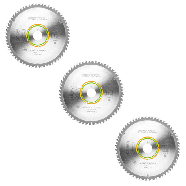 Festool 3x lama circolare a denti fini HW 216 x 2,3 x 30 mm L60 216 mm 60 denti ( 3x 500125 )