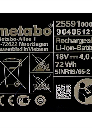 Metabo Li-Power Akkupack 18 V 4,0 Ah CAS Li-Ion Akku ( 625591000 ) mit Ladestandsanzeige