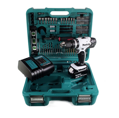 Taladro percutor inalámbrico Makita DHP 453 SFTK W 18 V 42Nm + 1x batería 3,0Ah + cargador rápido + 101 piezas. Set de accesorios + estuche