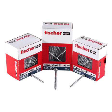 Fischer Power-Fast II FPF II Vis à bois aggloméré 6,0x130mm, Tête fraisée, Empreinte Torx ,Filetage partiel, Zingué blanc, Bleu passivé - 50 pcs. (670691)