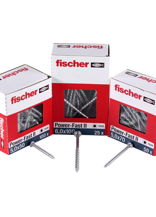 Fischer Power-Fast II FPF II tornillos para aglomerado 5,0x25 mm 200 piezas (670436) Cabeza plana con rosca completa Torx galvanizado, pasivado azul