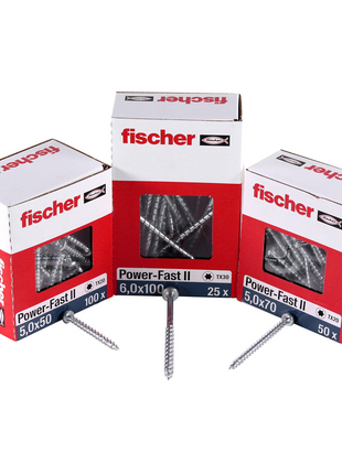 Fischer Power-Fast II FPF II tornillo para aglomerado 5,0x30 mm 200 piezas (670437) Cabeza alomada con rosca completa Torx galvanizado, pasivado azul