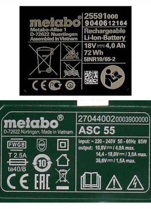 Zestaw podstawowy Metabo 1x akumulator Li-Power 18 V 4,0 Ah CAS Li-Ion ( 625591000 ) + ładowarka ASC 55 ( 627044000 )