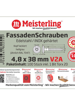 Tornillos para fachada Meisterling 4,8x38 mm 100 piezas (010020000221) 12 mm cabeza plana gris claro con rosca parcial Torx Acero inoxidable V2A