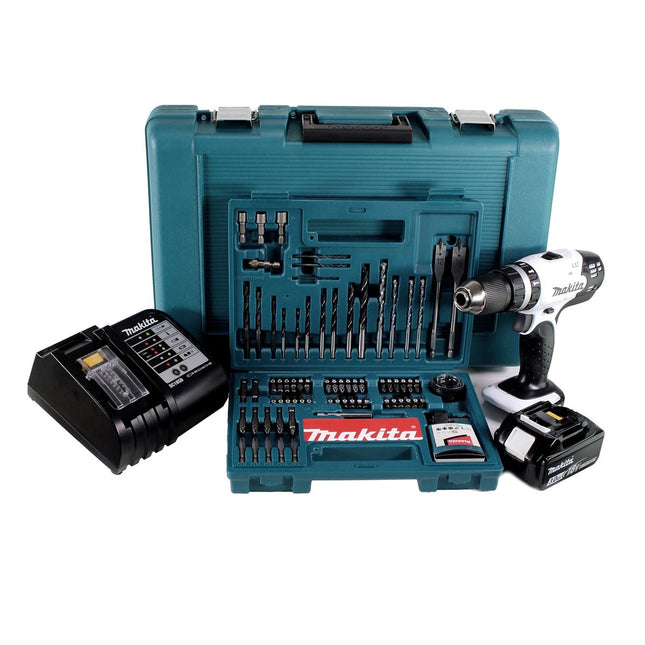 Makita DHP 453 SFTK W Trapano avvitatore con percussione a batteria bianco 18V / 42Nm + 1x Batteria 3,0Ah + Caricabatterie DC18SD + Set di punte da 100 pz. + Valigetta