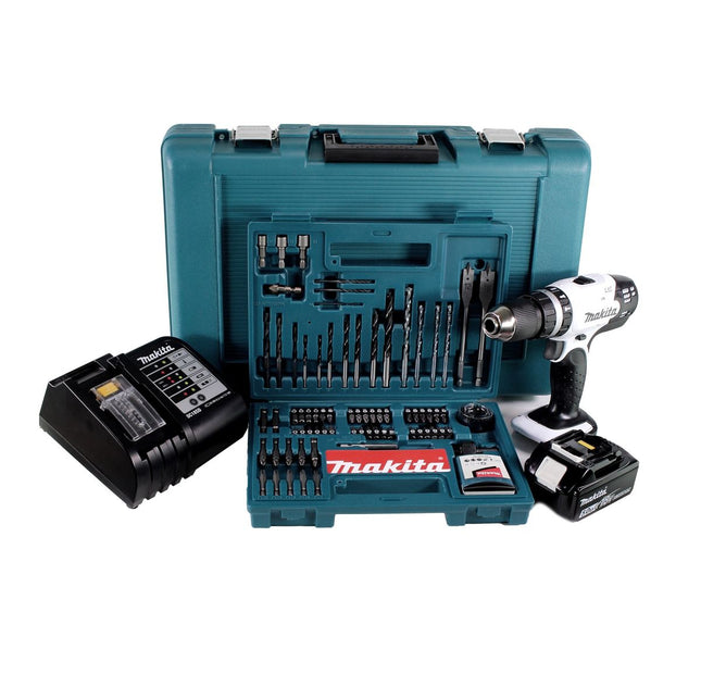 Makita DHP 453 STTK W Trapano avvitatore con percussione a batteria bianco 18V / 42Nm + 1x Batteria 5,0 Ah + Caricatore + Set di punte da 100 pezzi