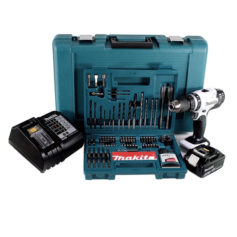 Makita DHP 453 SGTK W Taladro percutor inalámbrico 18 V 42Nm + 1x batería 6,0Ah + cargador + juego de brocas de 100 piezas + estuche