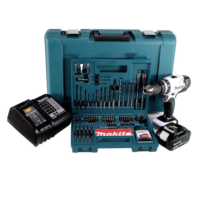 Makita DHP 453 SGTK W Akku Schlagbohrschrauber 18V 42Nm + 1x Akku 6,0Ah + Ladegerät + 100 tlg. Bit Bohrer Set + Koffer