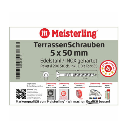Meisterling Viti per terrazze 5x50 mm - 200 pezzi ( 010010000011 ) Punta CUT 90° lente a testa svasata con filettatura grossa Torx 2/3 acciaio inossidabile VA