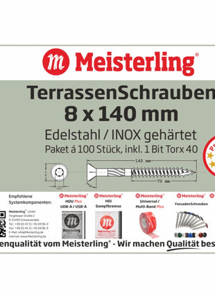 Tornillos para terraza Meisterling 8x140 mm 100 piezas (010010000071) Punta CUT Lente de 90° Cabeza avellanada con rosca gruesa Torx 2/3 Acero inoxidable VA