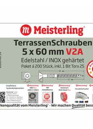 Meisterling Terrassenschrauben 5x60 mm 200 Stück ( 010010000211 ) CUT Spitze 90° Linsen Senkkopf mit Torx 2/3 Grobgewinde V2A Edelstahl