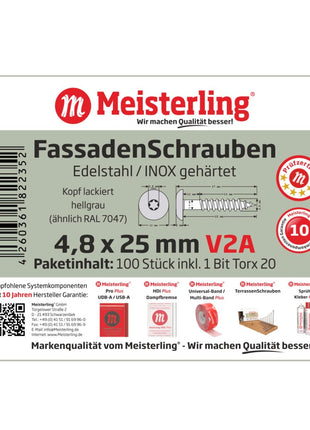 Meisterling Vis de façade 4,8x25 mm - 100 pièces (010020000021) tête plate 12 mm gris clair + Filetage partiel Torx en acier inoxydable V2A