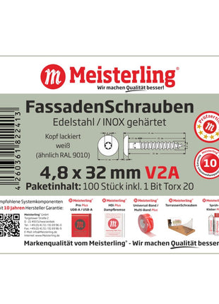 Meisterling Fassadenschrauben 4,8x32 mm 100 Stück ( 010020000101 ) 12 mm Flachkopf weiß mit Torx Teilgewinde V2A Edelstahl