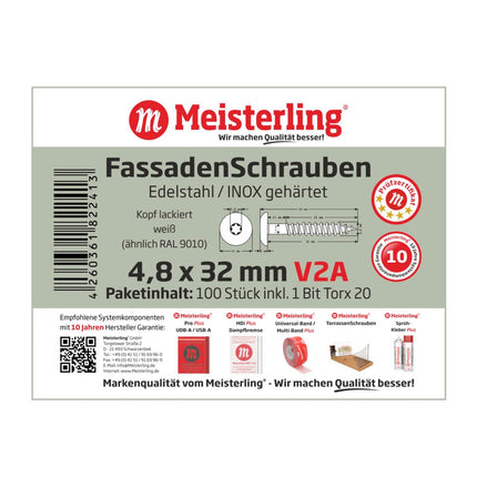 Meisterling Fassadenschrauben 4,8x32 mm 100 Stück ( 010020000101 ) 12 mm Flachkopf weiß mit Torx Teilgewinde V2A Edelstahl