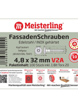 Meisterling Vis de façade 4,8x32 mm - 100 pièces (010020000121) tête plate 12 mm gris clair + Filetage partiel Torx acier inoxydable V2A