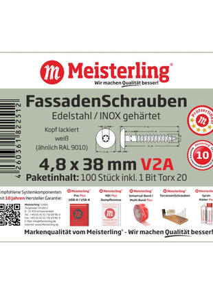 Meisterling Vis de façade 4.8x38 mm - 100 pièces (010020000201) 12 mm tête plate blanche + Filetage partiel Torx V2A acier inoxydable