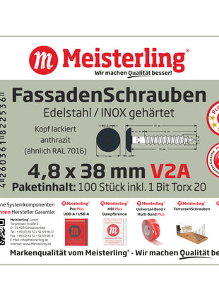 Meisterling Fassadenschrauben 4,8x38 mm 100 Stück ( 010020000211 ) 12 mm Flachkopf anthrazit mit Torx Teilgewinde V2A Edelstahl