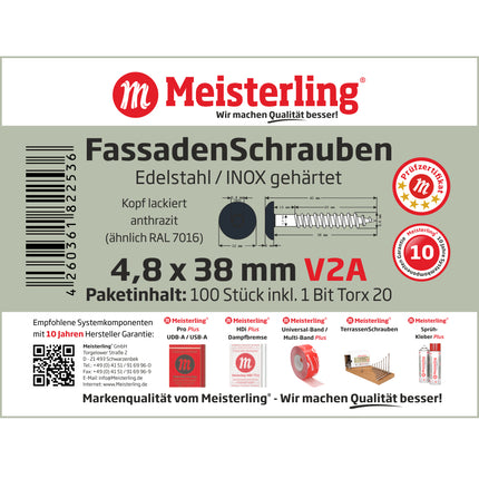 Meisterling Fassadenschrauben 4,8x38 mm 100 Stück ( 010020000211 ) 12 mm Flachkopf anthrazit mit Torx Teilgewinde V2A Edelstahl