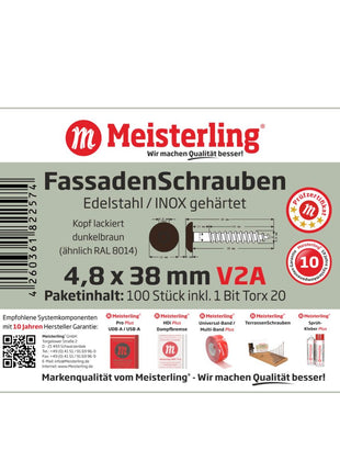 Meisterling Vis de façade 4,8x38 mm - 100 pièces (010020000231) tête plate 12 mm brun foncé + Filetage partiel Torx en acier inoxydable V2A