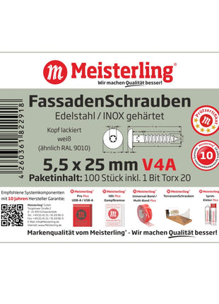 Tornillos para fachada Meisterling 5,5x25 mm 100 piezas (010030000001) 12 mm cabeza plana blanco con rosca parcial Torx Acero inoxidable V4A