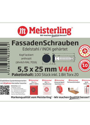 Meisterling Vis de façade 5,5x25 mm - 100 pièces (010030000011) tête plate 12 mm anthracite + Filetage partiel Torx acier inoxydable V4A