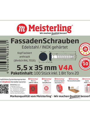 Meisterling Fassadenschrauben 5,5x35 mm 100 Stück ( 010030000111 ) 12 mm Flachkopf anthrazit mit Torx Teilgewinde V4A Edelstahl