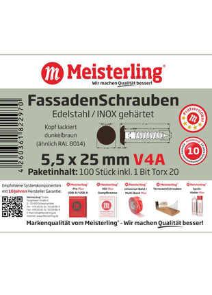 Tornillos para fachada Meisterling 5,5x25 mm 100 piezas (010030000031) 12 mm cabeza plana marrón oscuro con rosca parcial Torx Acero inoxidable V4A