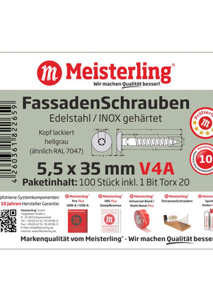 Meisterling Vis de façade 5,5x35 mm, 100 pcs., tête plate 12 mm, filetage partiel, empreinte Torx, acier inoxydable V4A, gris clair (010030000121)