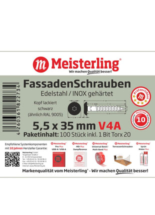 Meisterling Fassadenschrauben 5,5x35 mm 100 Stück ( 010030000151 ) 12 mm Flachkopf schwarz mit Torx Teilgewinde V4A Edelstahl