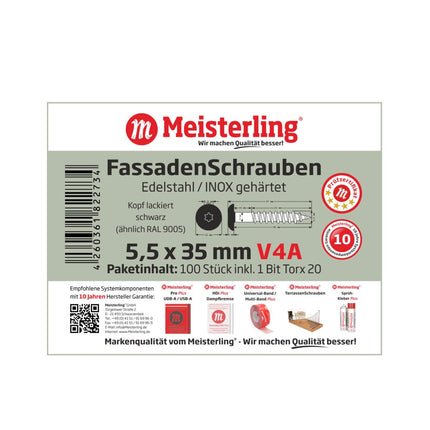 Meisterling Fassadenschrauben 5,5x35 mm 100 Stück ( 010030000151 ) 12 mm Flachkopf schwarz mit Torx Teilgewinde V4A Edelstahl