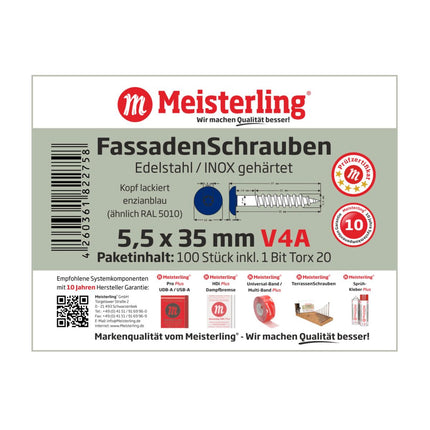Meisterling Fassadenschrauben 5,5x35 mm 100 Stück ( 010030000161 ) 12 mm Flachkopf enzianblau mit Torx Teilgewinde V4A Edelstahl