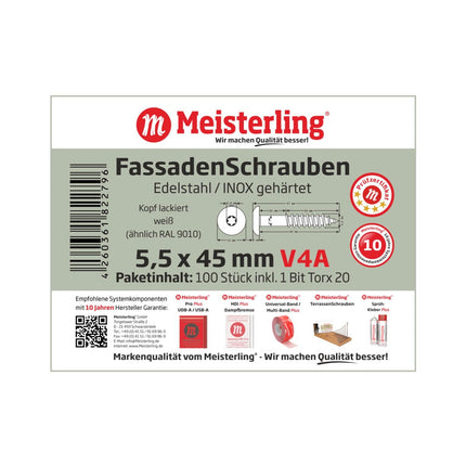 Meisterling Fassadenschrauben 5,5x45 mm 100 Stück ( 010030000311 ) 12 mm Flachkopf weiß mit Torx Teilgewinde V4A Edelstahl