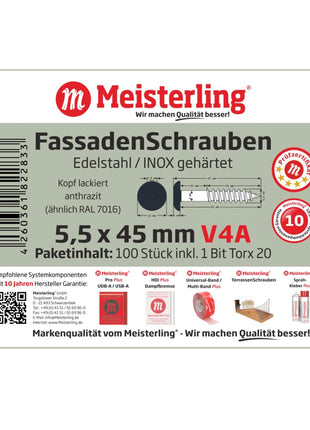 Meisterling Vis de façade 5,5x45 mm, 100 pcs., tête plate 12 mm, filetage partiel, empreinte Torx, acier inoxydable V4A, anthracite (010030000321)