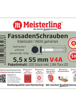 Meisterling Fassadenschrauben 5,5x55 mm 100 Stück ( 010030000421 ) 12 mm Flachkopf anthrazit mit Torx Teilgewinde V4A Edelstahl