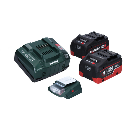 Metabo PA 14,4-18 LED-USB adaptateur secteur pour batterie, kit de base avec 2 batteries LiHD 5,5 Ah + chargeur ASC145