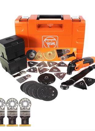 Herramienta multifunción FEIN MultiMaster Top FMM 350 QSL + maletín de herramientas + juego de accesorios de 40 piezas + 3 hojas de sierra Carbide Pro BI-metal