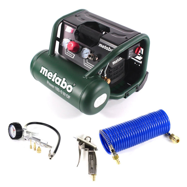 Metabo Power 180-5 W OF Compressore 8 bar 1,1 kW + tubo a spirale 7,5 m + pistola soffiante + gonfiagomme