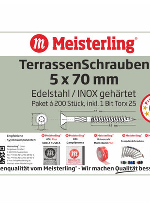 Tornillos para terraza Meisterling 5x70 mm 1000 piezas (5x 010010000031) Punta CUT Lente de 90° Cabeza avellanada con rosca gruesa Torx 2/3 Acero inoxidable VA